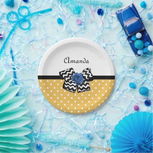 Cute Yellow Stippen Blue Roos Chevron Bow met naam Papieren Bordje (Feest)