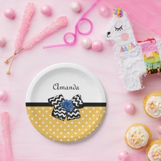 Cute Yellow Stippen Blue Roos Chevron Bow met naam Papieren Bordje (Feest)