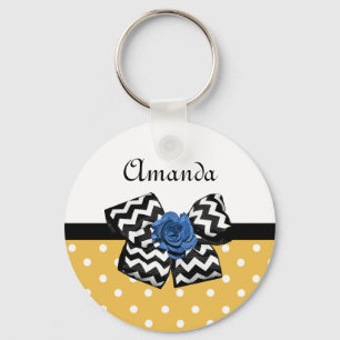 Cute Yellow Stippen Blue Roos Chevron Bow met naam Sleutelhanger
