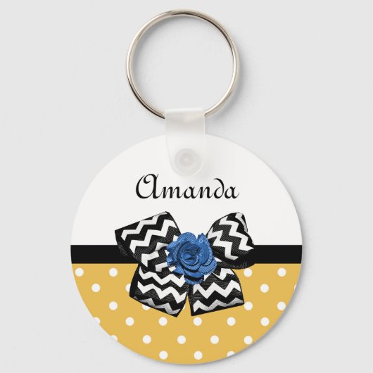 Cute Yellow Stippen Blue Roos Chevron Bow met naam Sleutelhanger (Voorkant)