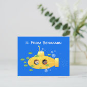 Cute yellow submarine fish cartoon illustration briefkaart (Staand voorkant)