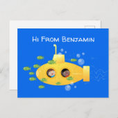 Cute yellow submarine fish cartoon illustration briefkaart (Voorkant / Achterkant)