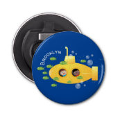 Cute yellow submarine fish cartoon illustration button flesopener (Voorkant)