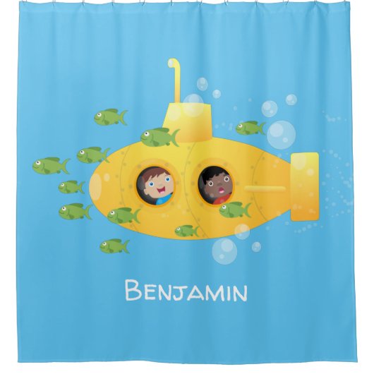 Cute yellow submarine fish cartoon illustration douchegordijn (Voorkant)