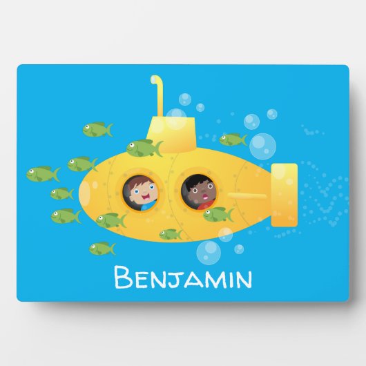 Cute yellow submarine fish cartoon illustration fotoplaat (voorkant)