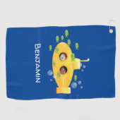 Cute yellow submarine fish cartoon illustration golfhanddoek (Horizontaal)
