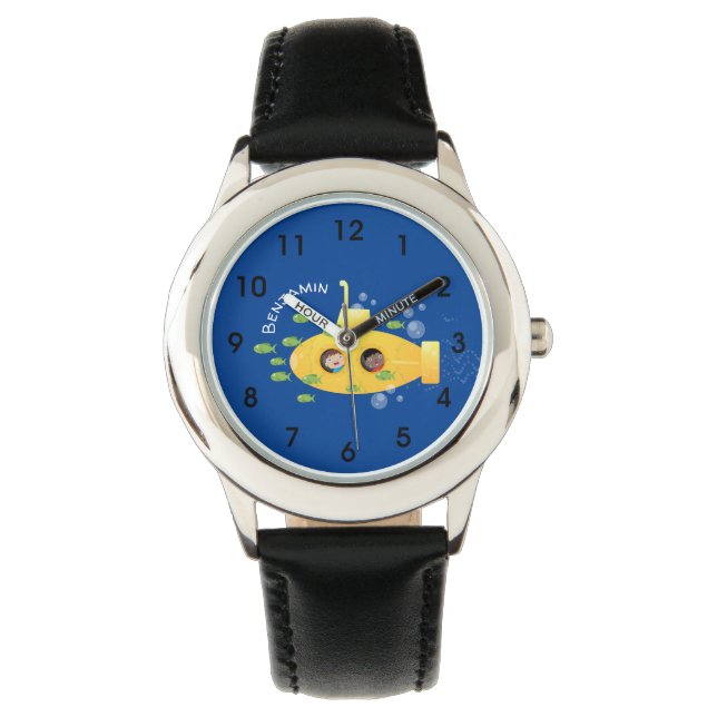 Cute yellow submarine fish cartoon illustration horloge (Voorkant)