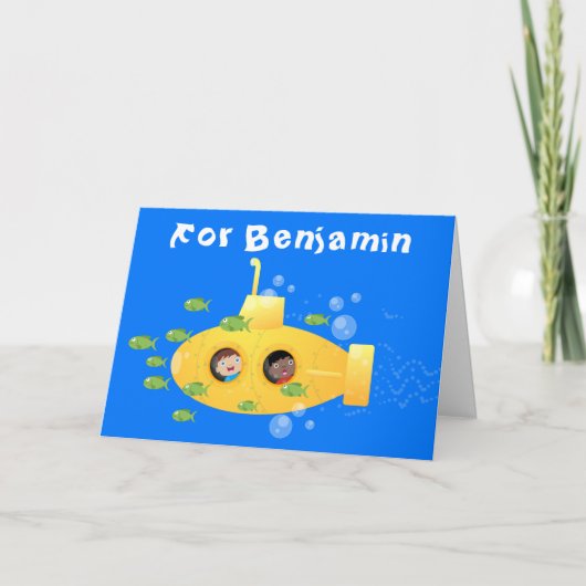 Cute yellow submarine fish cartoon illustration kaart (Voorkant)