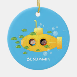 Cute yellow submarine fish cartoon illustration keramisch ornament