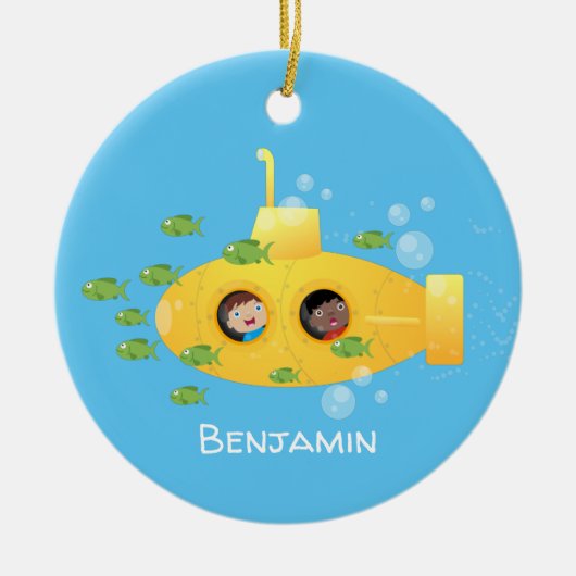 Cute yellow submarine fish cartoon illustration keramisch ornament (Voorkant)