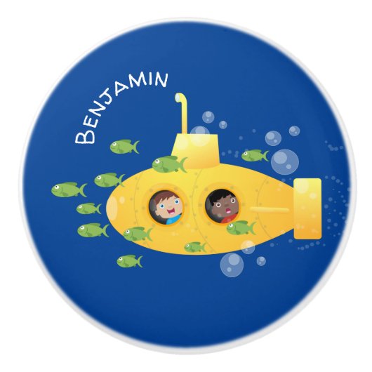 Cute yellow submarine fish cartoon illustration keramische knop (Voorkant)