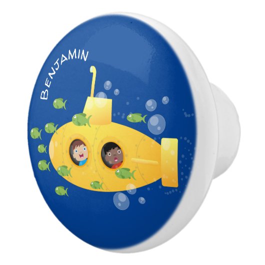Cute yellow submarine fish cartoon illustration keramische knop (Rechts)
