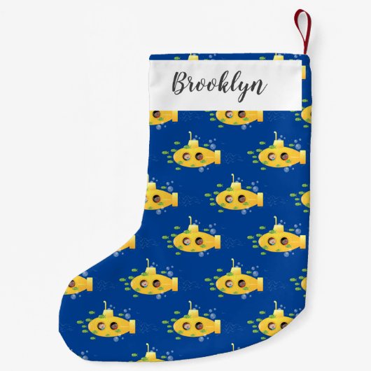 Cute yellow submarine fish cartoon illustration kleine kerstsok (Achterkant)