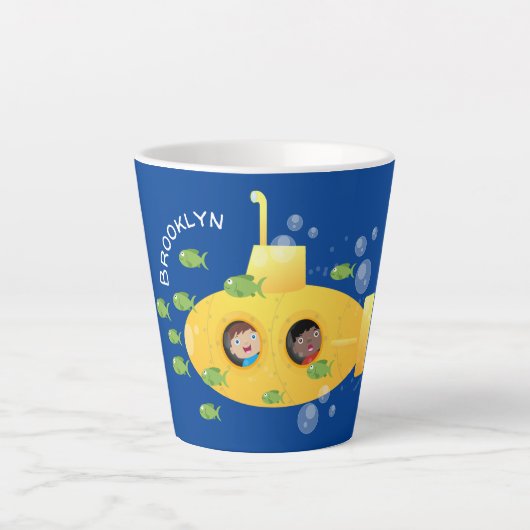 Cute yellow submarine fish cartoon illustration latte mok (Voorkant)