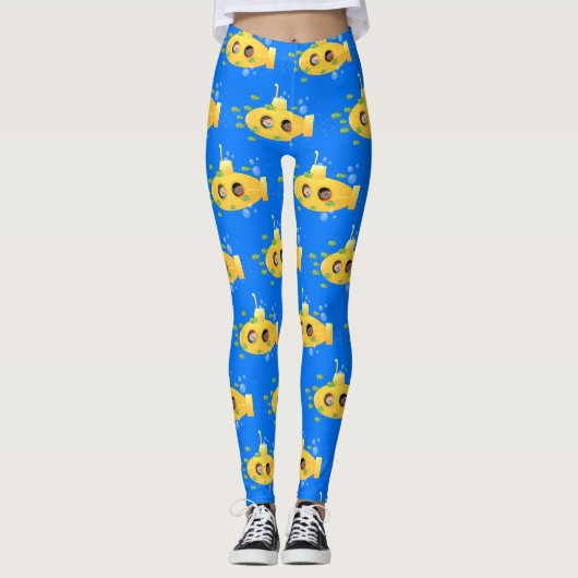 Cute yellow submarine fish cartoon illustration leggings (Voorkant)