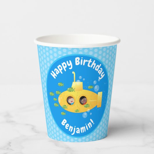 Cute yellow submarine fish cartoon illustration papieren bekers (Achterkant)