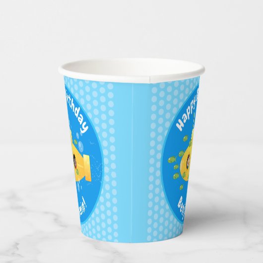 Cute yellow submarine fish cartoon illustration papieren bekers (Rechts)