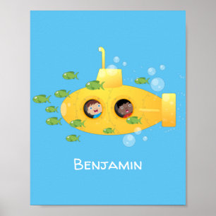 Cute yellow submarine fish cartoon illustration poster