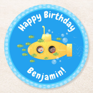 Cute yellow submarine fish cartoon illustration ronde kartonnen onderzetter