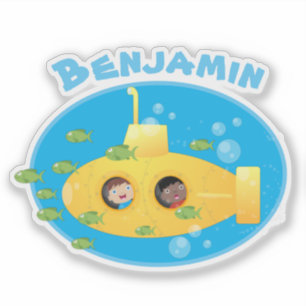 Cute yellow submarine fish cartoon illustration sticker