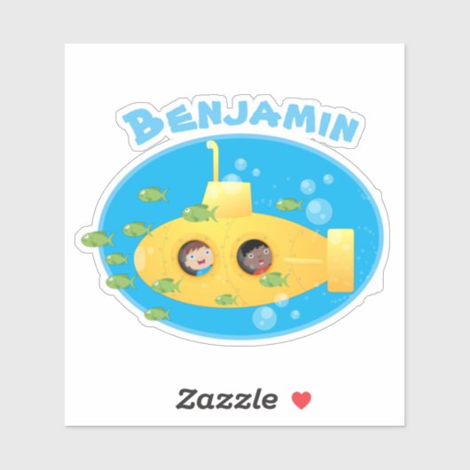 Cute yellow submarine fish cartoon illustration sticker (Vel)