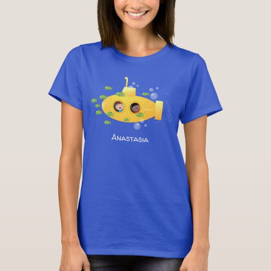 Cute yellow submarine fish cartoon illustration t-shirt (Voorkant)