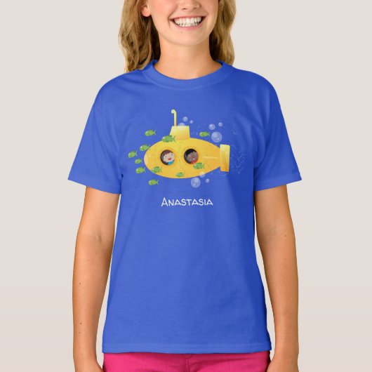 Cute yellow submarine fish cartoon illustration t-shirt (Voorkant)