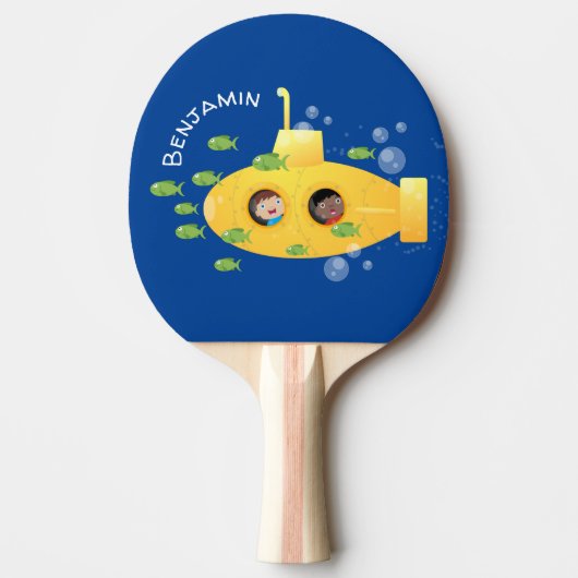 Cute yellow submarine fish cartoon illustration tafeltennisbatje (Voorkant)