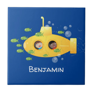 Cute yellow submarine fish cartoon illustration tegeltje