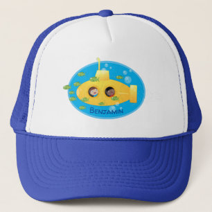 Cute yellow submarine fish cartoon illustration trucker pet