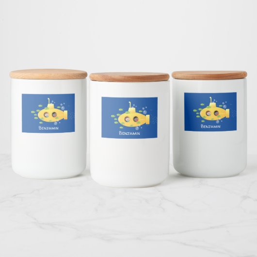 Cute yellow submarine fish cartoon illustration voedselcontainer etiket (Flessen)