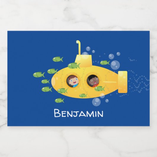 Cute yellow submarine fish cartoon illustration voedselcontainer etiket (Enkel label)