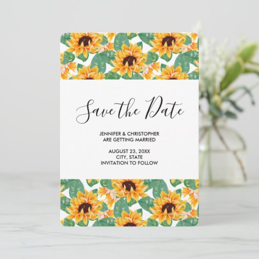 Cute Yellow Sunflower & Leaves Pattern Wedding Save The Date (Staand voorkant)
