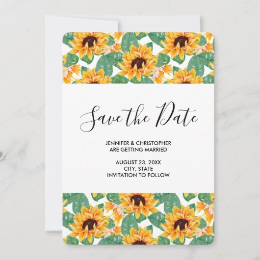 Cute Yellow Sunflower & Leaves Pattern Wedding Save The Date (Voorkant)