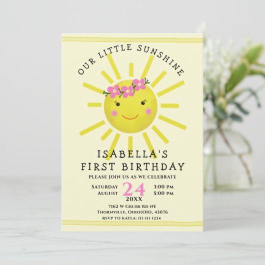 Cute Yellow Sunshine First Birthday Party Kaart (Staand voorkant)