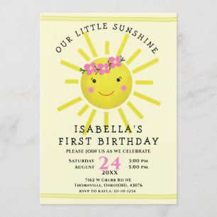 Cute Yellow Sunshine First Birthday Party Kaart