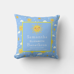 Cute Yellow Sunshine Personalised Baby Birth Stat Kussen