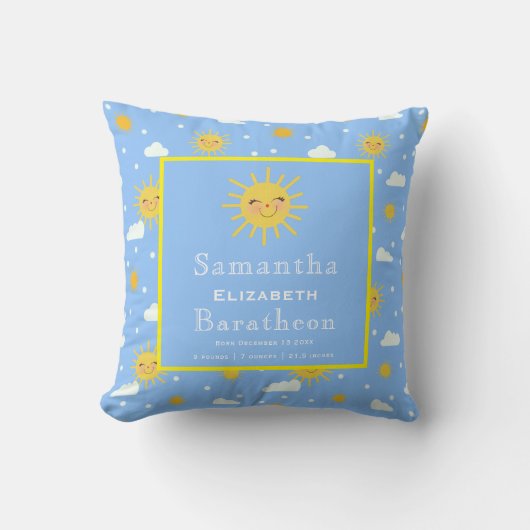 Cute Yellow Sunshine Personalised Baby Birth Stat Kussen (Voorkant)