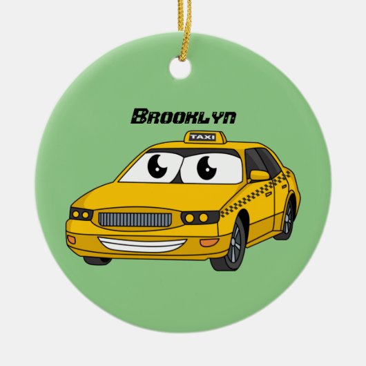 Cute yellow taxiplezier cartoon illustratie keramisch ornament (Voorkant)