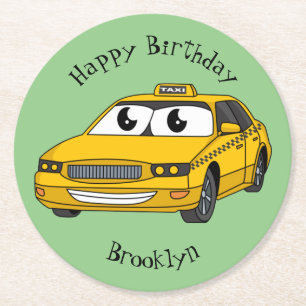 Cute yellow taxiplezier cartoon illustratie ronde kartonnen onderzetter