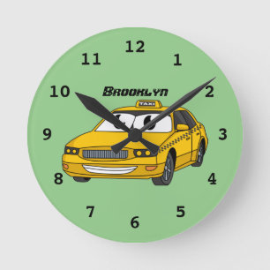 Cute yellow taxiplezier cartoon illustratie ronde klok