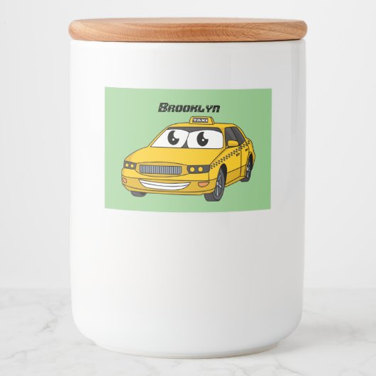 Cute yellow taxiplezier cartoon illustratie voedselcontainer etiket (Voorkant)