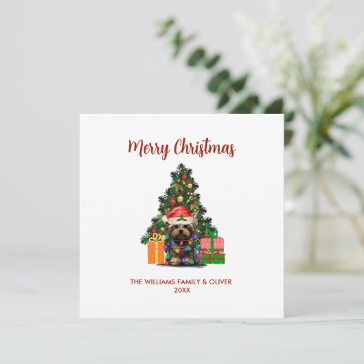Cute Yorkie en Tree Kerstmis Feestdagenkaart (Staand voorkant)