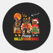 Cute Yorkie Happy Hallothanksmas Halloween Thanksg Ronde Sticker (Voorkant)