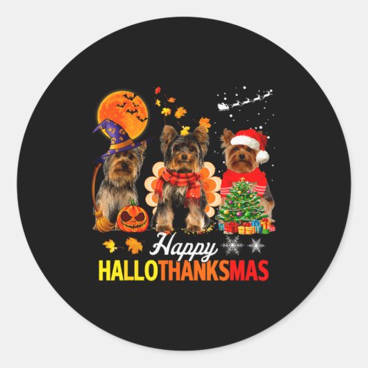 Cute Yorkie Happy Hallothanksmas Halloween Thanksg Ronde Sticker (Voorkant)