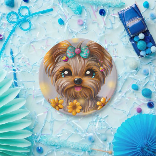 Cute Yorkie Kawaii Puppy Papieren Bordje (Feest)