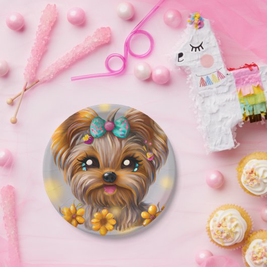 Cute Yorkie Kawaii Puppy Papieren Bordje (Feest)