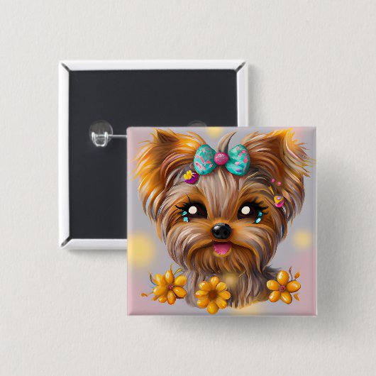 Cute Yorkie Kawaii Puppy Vierkante Button 5,1 Cm (Voorkant /achterkant)