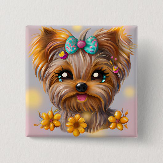 Cute Yorkie Kawaii Puppy Vierkante Button 5,1 Cm (Voorkant)