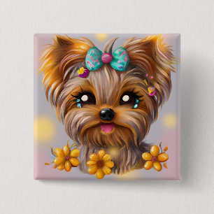 Cute Yorkie Kawaii Puppy Vierkante Button 5,1 Cm